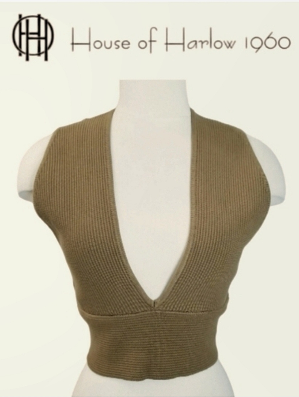 House of Harlow Rib-Knit Crop Top Sleeveless Deep-V Brown Spice Sz M NWT